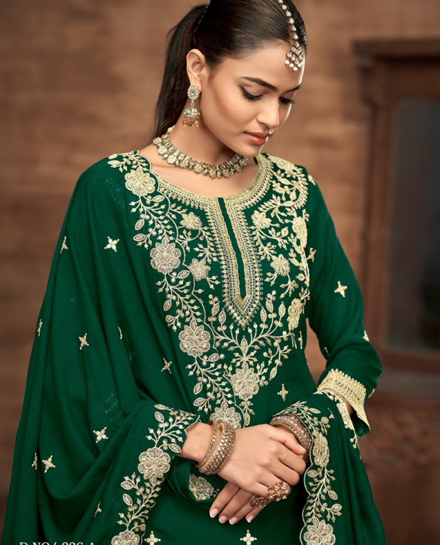 226-green  - Green Embroidered Traditional Sharara Style Suit.